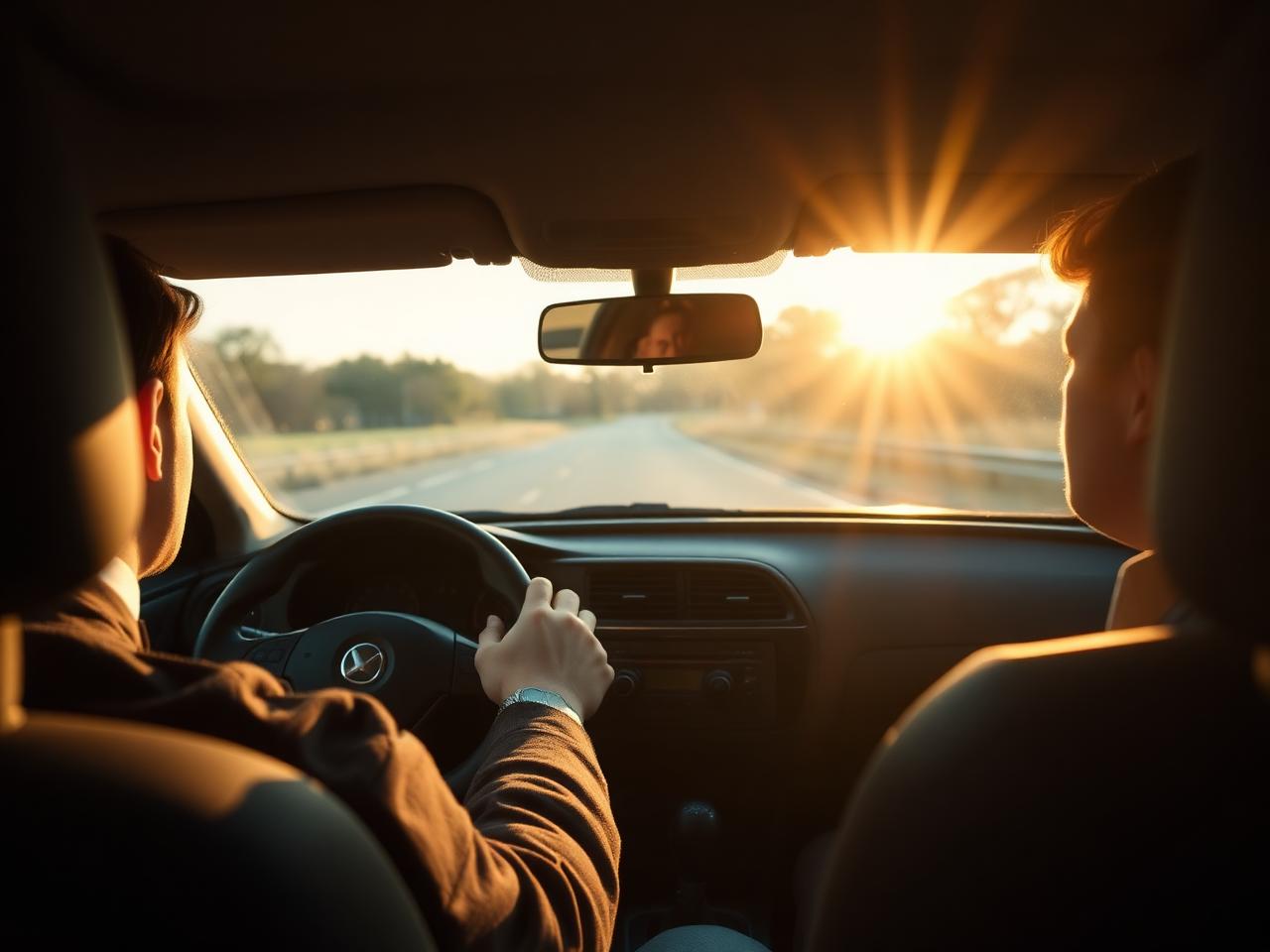 Learner driver at the wheel with an instructor beside them at sunset